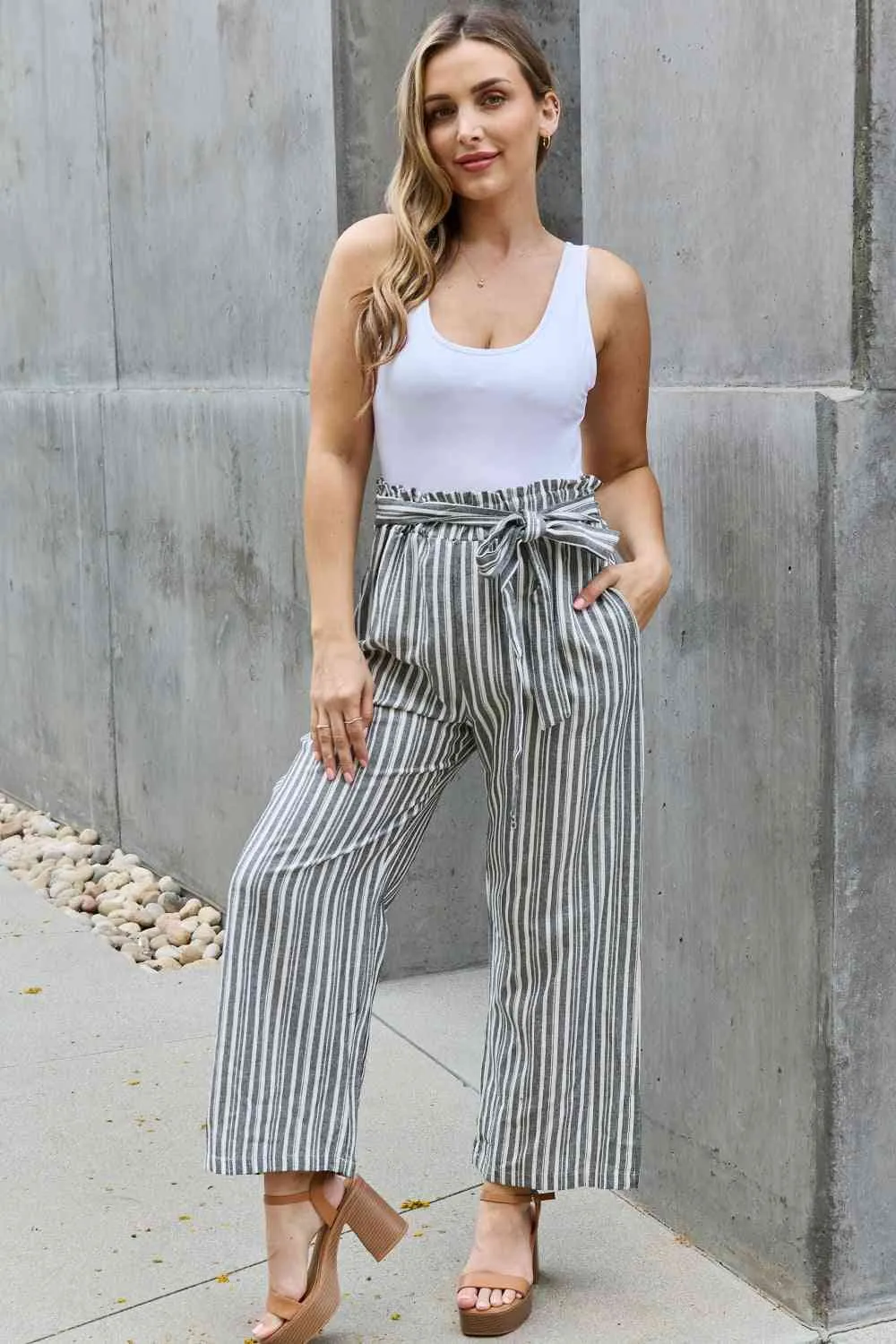 Women's Heimish Find Your Path Full Size Paperbag Waist Striped Culotte Pants