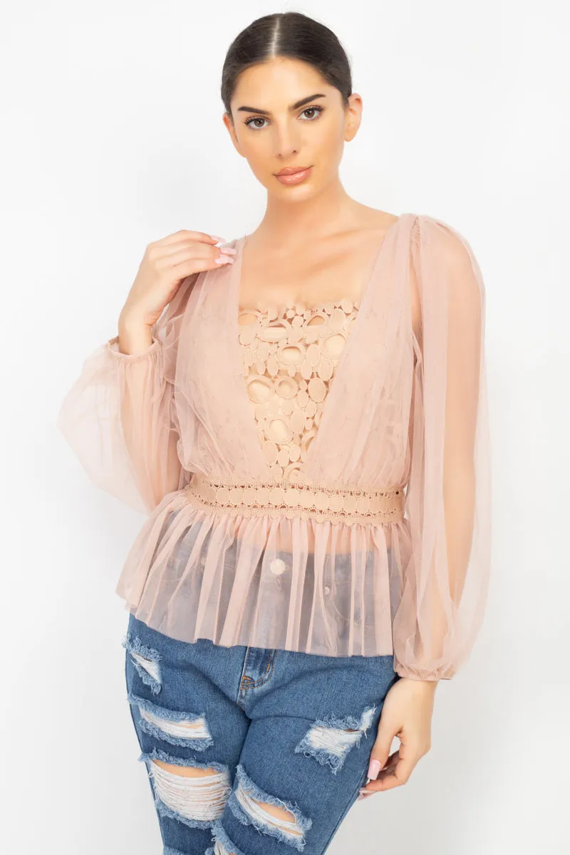 Women's Sheer Mesh Crochet Peplum Top