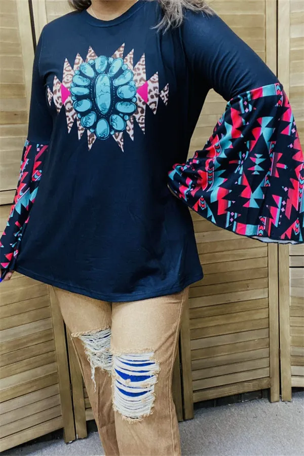 XCH14655 Aztec ruffle bell long sleeve rhinestone & leopard graphic printed women navy tops