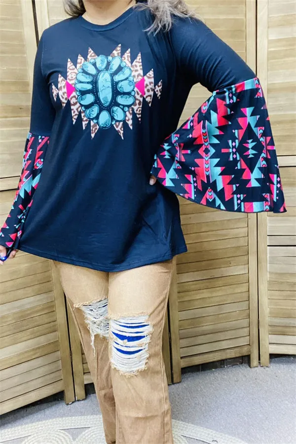 XCH14655 Aztec ruffle bell long sleeve rhinestone & leopard graphic printed women navy tops