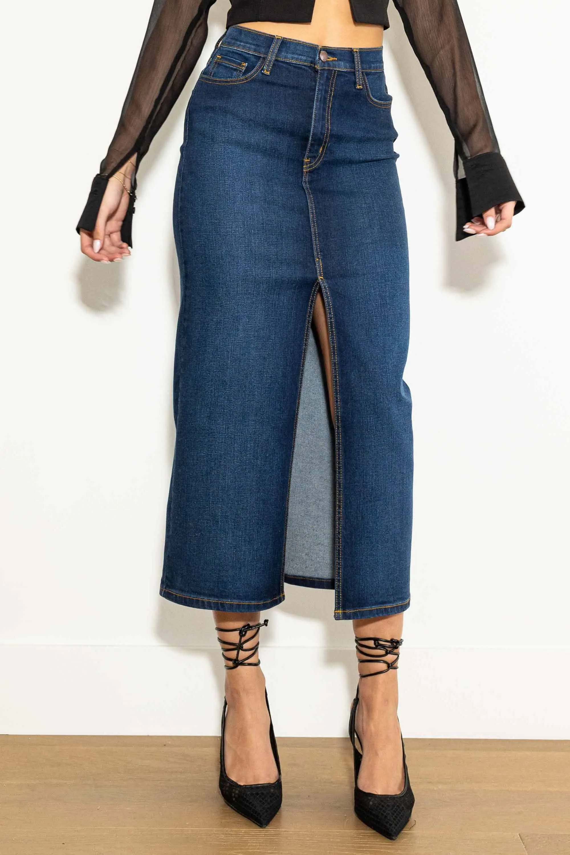 Y2K Front Slit Column Denim Skirt